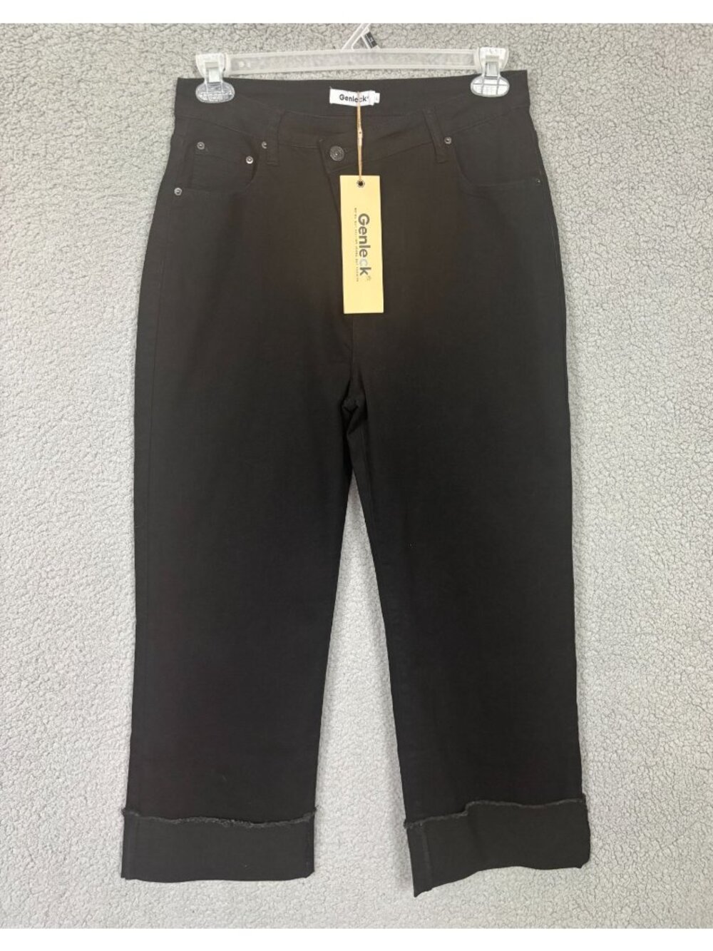 Genleck  Women's Wide Leg Cropped High Waisted Crossover Jeans Black Large NWT's